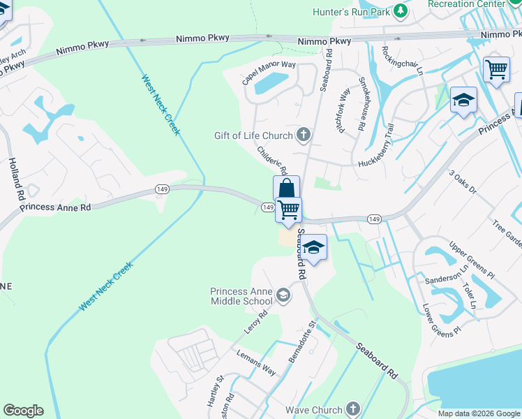 map of restaurants, bars, coffee shops, grocery stores, and more near 2319 Princess Anne Road in Virginia Beach