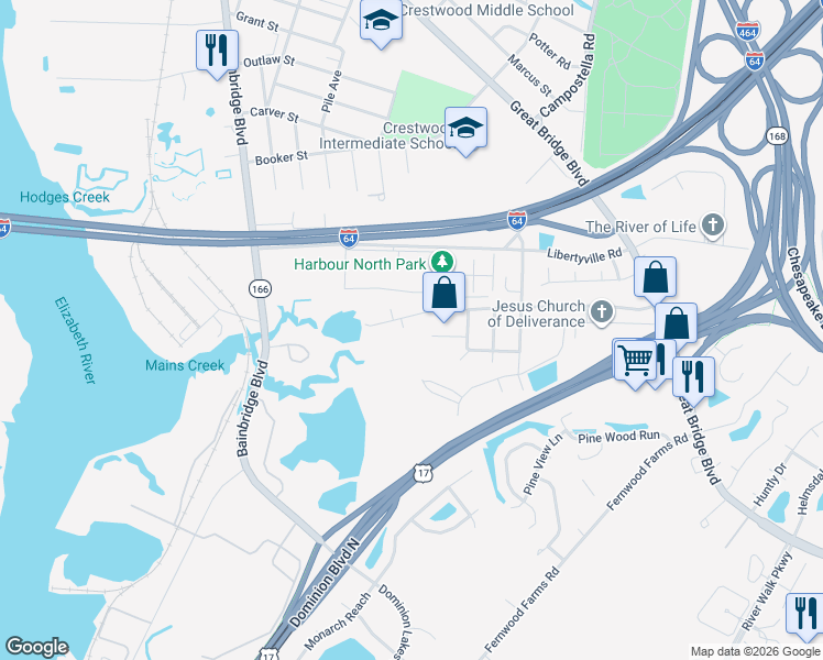 map of restaurants, bars, coffee shops, grocery stores, and more near 945 Costa Avenue in Chesapeake
