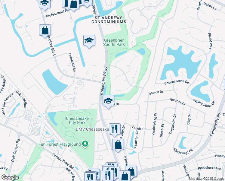 map of restaurants, bars, coffee shops, grocery stores, and more near 900 Thatcher Way in Chesapeake