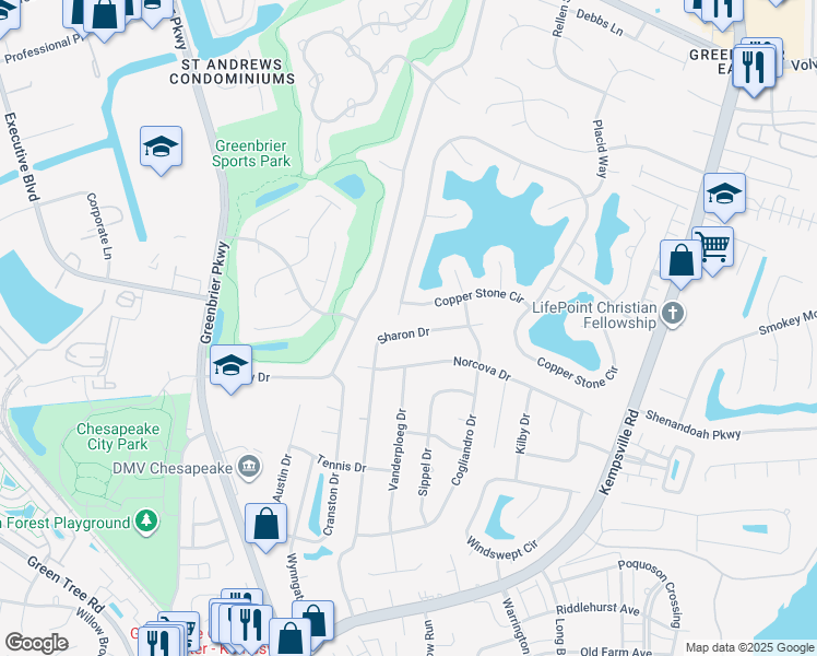 map of restaurants, bars, coffee shops, grocery stores, and more near 1128 Sharon Drive in Chesapeake