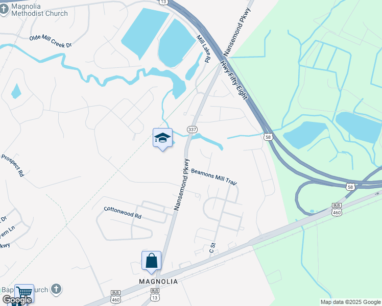 map of restaurants, bars, coffee shops, grocery stores, and more near 1290 Nansemond Pkwy in Suffolk