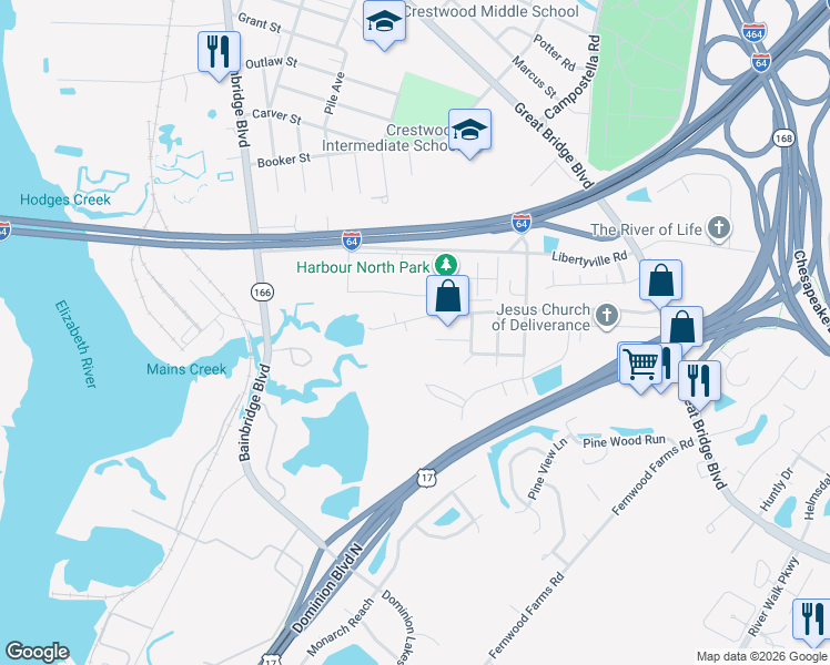 map of restaurants, bars, coffee shops, grocery stores, and more near 945 Costa Avenue in Chesapeake