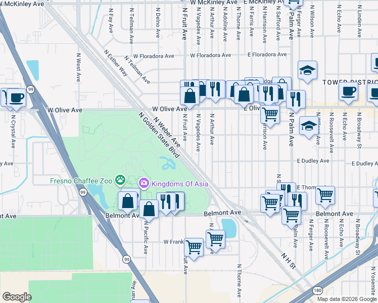 map of restaurants, bars, coffee shops, grocery stores, and more near 908 North Fruit Avenue in Fresno
