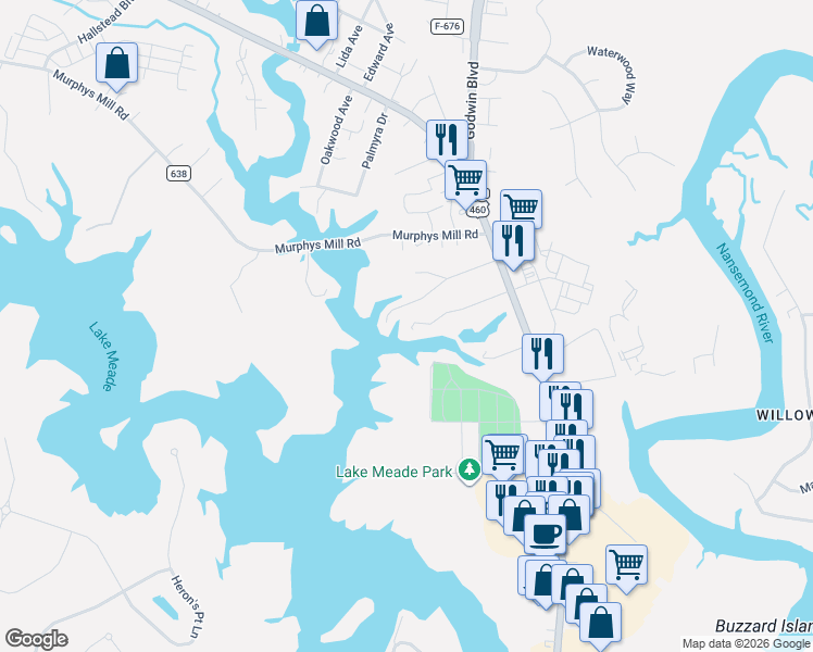 map of restaurants, bars, coffee shops, grocery stores, and more near 125 Longwood Avenue in Suffolk
