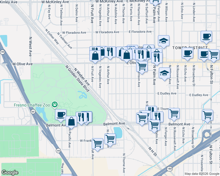 map of restaurants, bars, coffee shops, grocery stores, and more near 927 North Arthur Avenue in Fresno