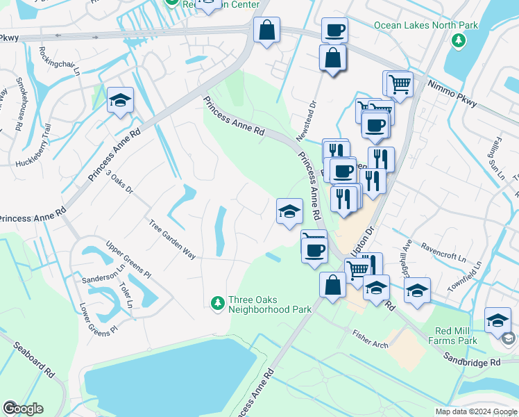 map of restaurants, bars, coffee shops, grocery stores, and more near 2232 Swaying Limb Lane in Virginia Beach