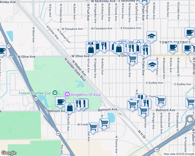 map of restaurants, bars, coffee shops, grocery stores, and more near 938 North Vagedes Avenue in Fresno