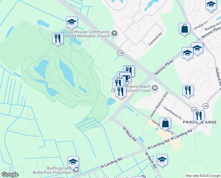 map of restaurants, bars, coffee shops, grocery stores, and more near 2520 Allie Nicole Circle in Virginia Beach