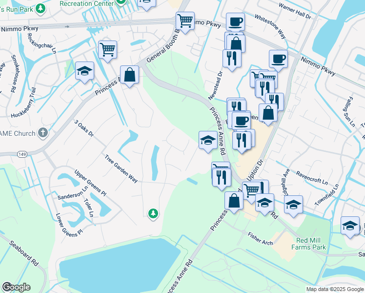 map of restaurants, bars, coffee shops, grocery stores, and more near 2232 Swaying Limb Lane in Virginia Beach