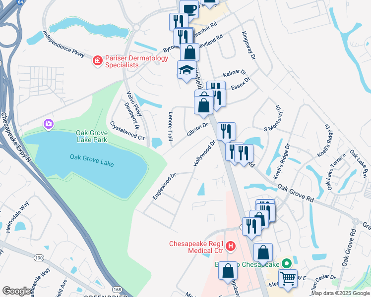 map of restaurants, bars, coffee shops, grocery stores, and more near 120 Red Oak Trail in Chesapeake