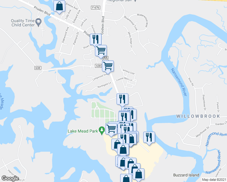 map of restaurants, bars, coffee shops, grocery stores, and more near 1805 North Main Street in Suffolk