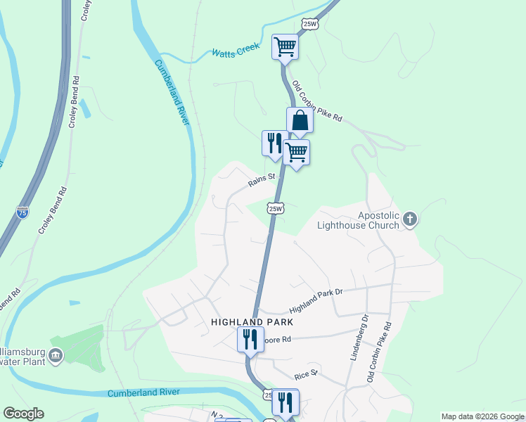 map of restaurants, bars, coffee shops, grocery stores, and more near 799 U.S. 25W in Williamsburg