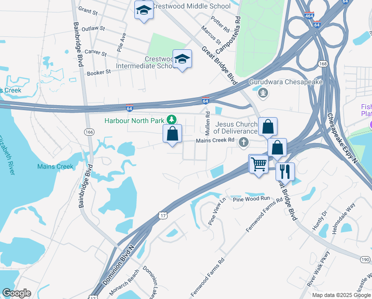 map of restaurants, bars, coffee shops, grocery stores, and more near 708 Belmont Street in Chesapeake
