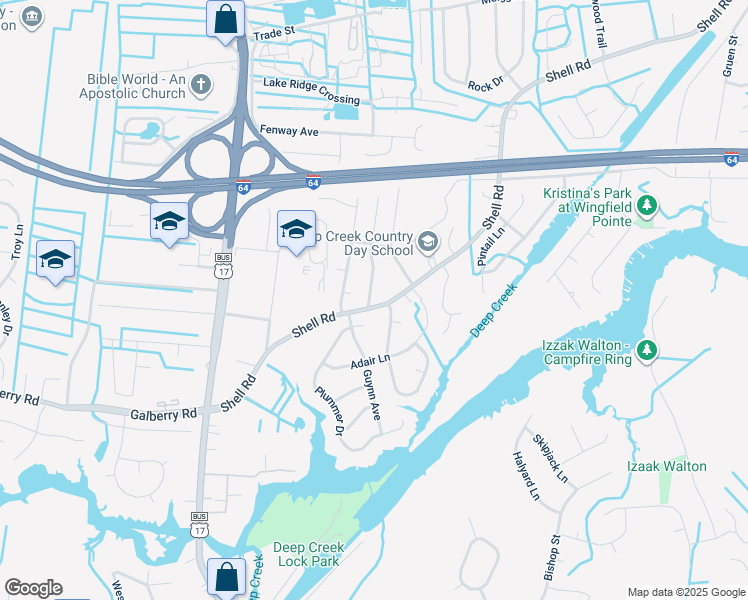 map of restaurants, bars, coffee shops, grocery stores, and more near 501 Plantation Drive in Chesapeake