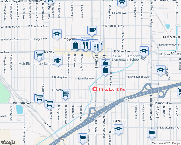 map of restaurants, bars, coffee shops, grocery stores, and more near 806 East Elizabeth Street in Fresno