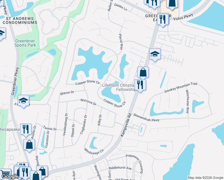map of restaurants, bars, coffee shops, grocery stores, and more near 1200 Copper Stone Court in Chesapeake