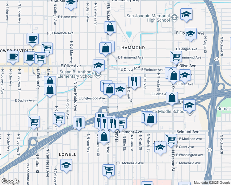 map of restaurants, bars, coffee shops, grocery stores, and more near 1718 East Lewis Avenue in Fresno