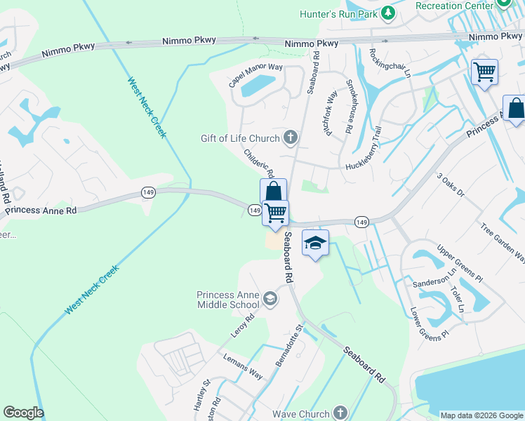 map of restaurants, bars, coffee shops, grocery stores, and more near 2310 Princess Anne Road in Virginia Beach