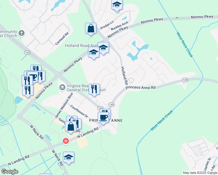 map of restaurants, bars, coffee shops, grocery stores, and more near 2325 Kingsman Lane in Virginia Beach