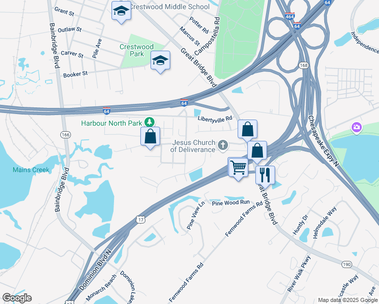 map of restaurants, bars, coffee shops, grocery stores, and more near 2133 Knells Ridge Boulevard in Chesapeake