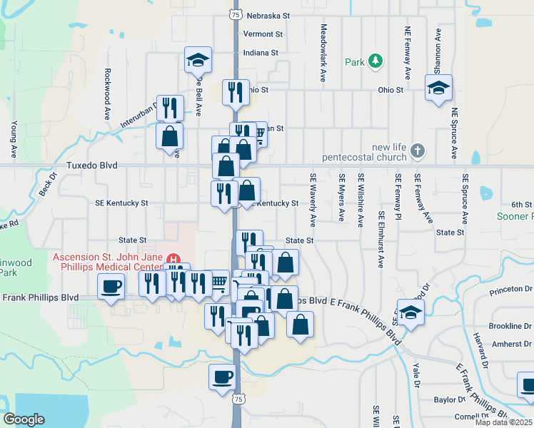 map of restaurants, bars, coffee shops, grocery stores, and more near 229 Southeast Avondale Avenue in Bartlesville