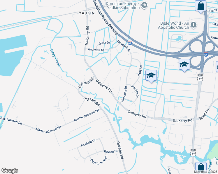 map of restaurants, bars, coffee shops, grocery stores, and more near 3108 Galberry Road in Chesapeake