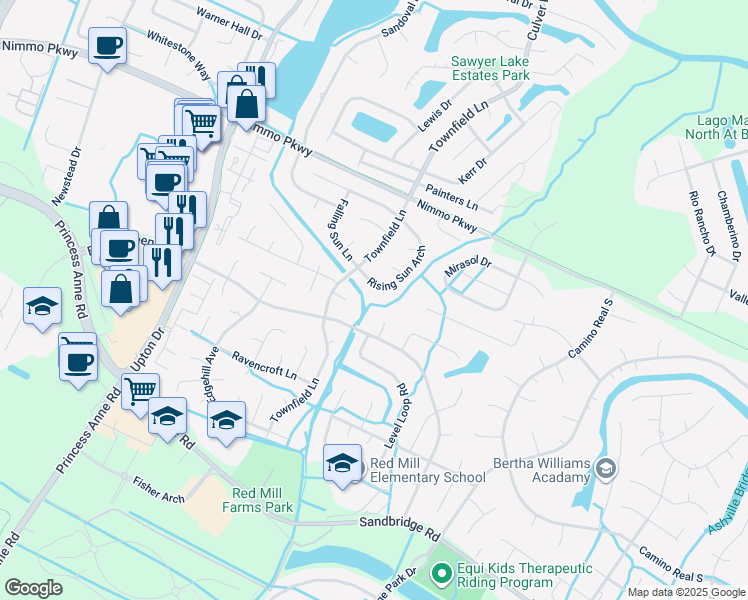 map of restaurants, bars, coffee shops, grocery stores, and more near 1821 Rising Sun Arch in Virginia Beach