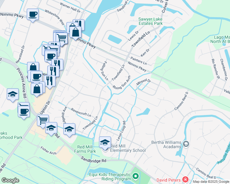 map of restaurants, bars, coffee shops, grocery stores, and more near 1821 Rising Sun Arch in Virginia Beach
