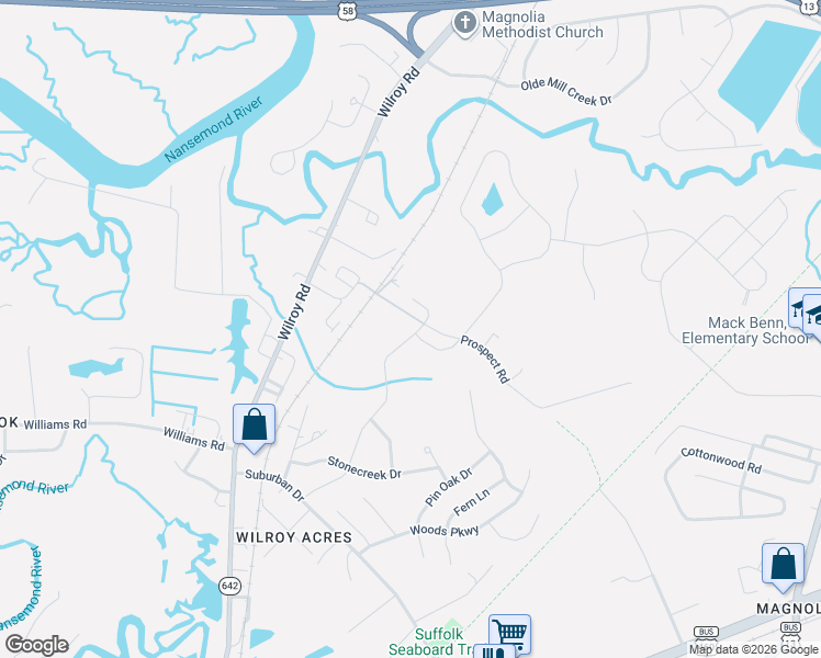 map of restaurants, bars, coffee shops, grocery stores, and more near 2145 Redgate Drive in Suffolk