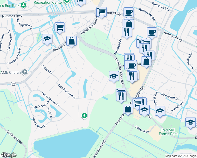 map of restaurants, bars, coffee shops, grocery stores, and more near 2228 Swaying Limb Lane in Virginia Beach