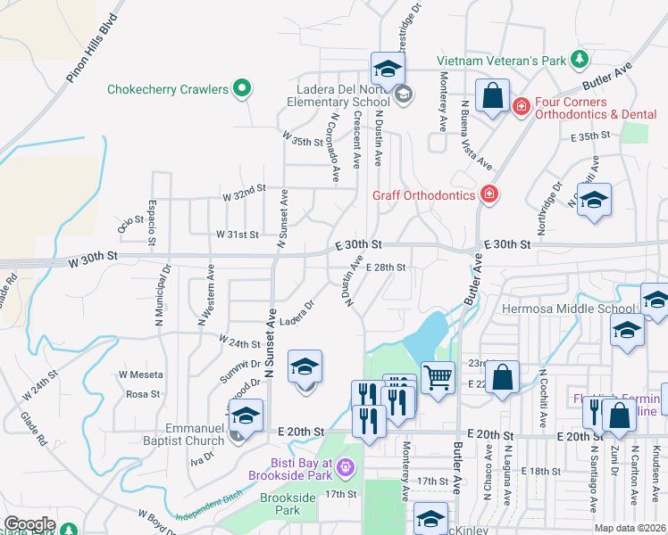 map of restaurants, bars, coffee shops, grocery stores, and more near 100 East 28th Street in Farmington