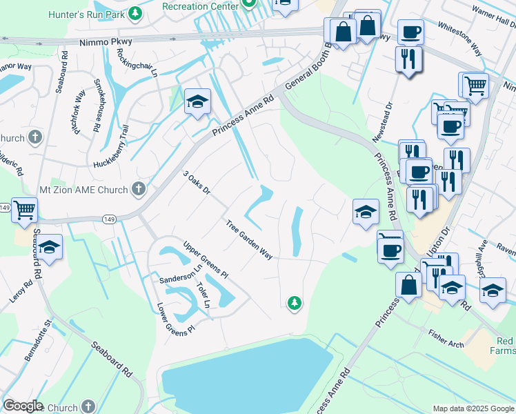 map of restaurants, bars, coffee shops, grocery stores, and more near 2500 Little Acorn Court in Virginia Beach