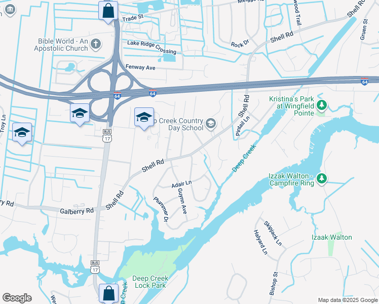 map of restaurants, bars, coffee shops, grocery stores, and more near 612 Shell Road in Chesapeake