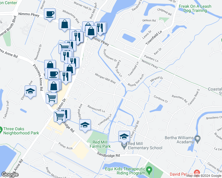 map of restaurants, bars, coffee shops, grocery stores, and more near 2512 Brigstock Court in Virginia Beach