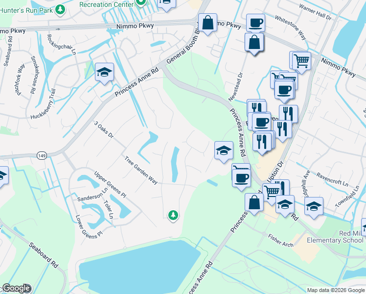 map of restaurants, bars, coffee shops, grocery stores, and more near 2305 Tallwood Trail in Virginia Beach