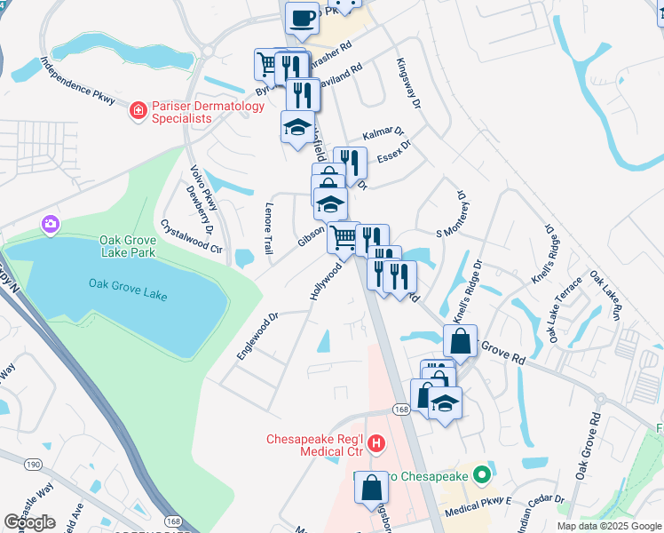 map of restaurants, bars, coffee shops, grocery stores, and more near 964 Hollywood Drive in Chesapeake