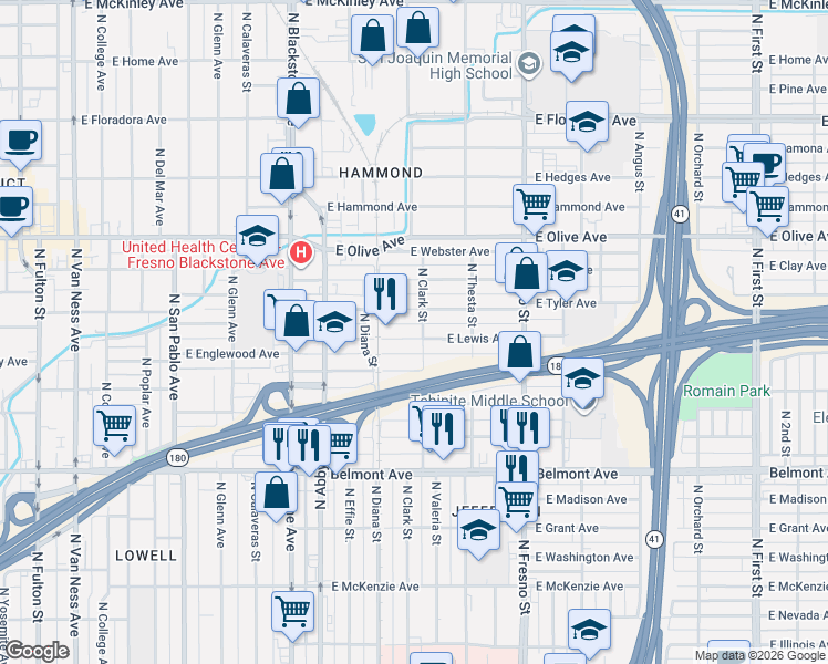map of restaurants, bars, coffee shops, grocery stores, and more near 2063 East Lewis Avenue in Fresno