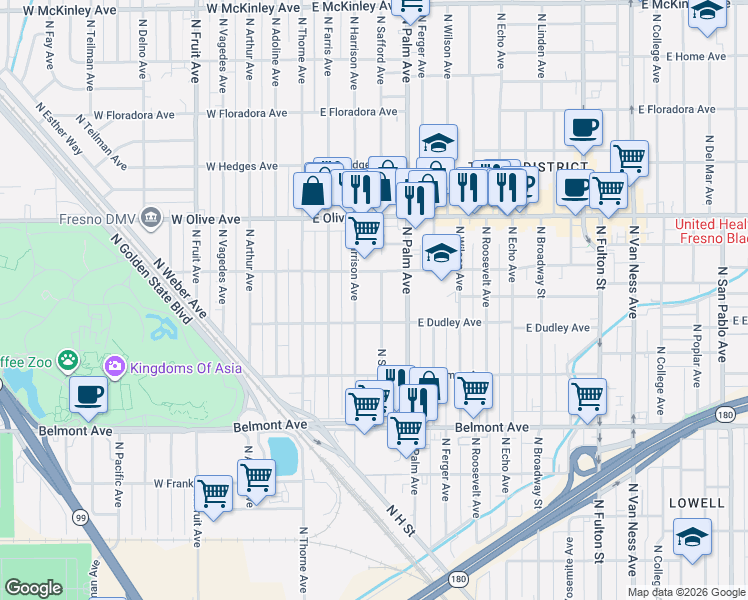 map of restaurants, bars, coffee shops, grocery stores, and more near 918 North Safford Avenue in Fresno