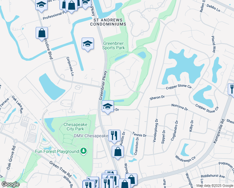 map of restaurants, bars, coffee shops, grocery stores, and more near 910 Thatcher Way in Chesapeake