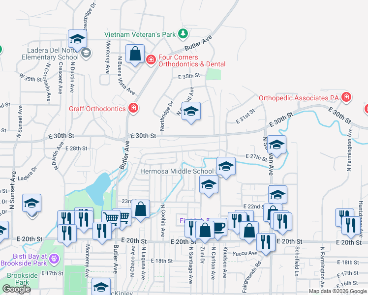 map of restaurants, bars, coffee shops, grocery stores, and more near 1019 East 26th Street in Farmington