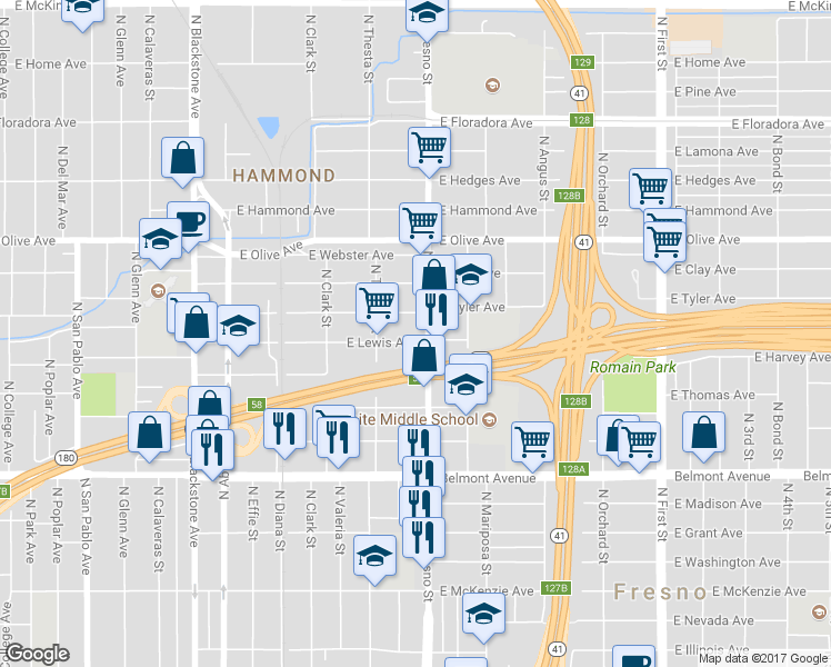 map of restaurants, bars, coffee shops, grocery stores, and more near 2404 East Lewis Avenue in Fresno