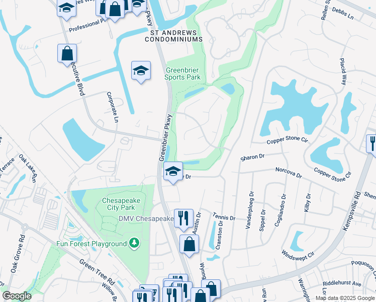 map of restaurants, bars, coffee shops, grocery stores, and more near 910 Thatcher Way in Chesapeake