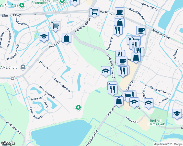 map of restaurants, bars, coffee shops, grocery stores, and more near 2228 Swaying Limb Lane in Virginia Beach