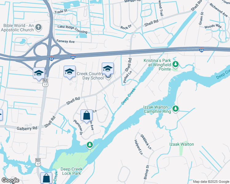 map of restaurants, bars, coffee shops, grocery stores, and more near 504 Hulen Drive in Chesapeake