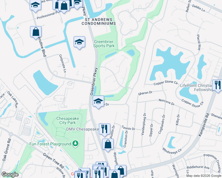 map of restaurants, bars, coffee shops, grocery stores, and more near 916 Thatcher Way in Chesapeake