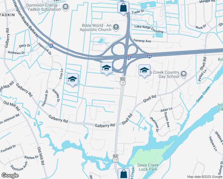 map of restaurants, bars, coffee shops, grocery stores, and more near 2817 Margaret Booker Drive in Chesapeake