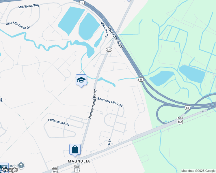map of restaurants, bars, coffee shops, grocery stores, and more near 1213 B Street in Suffolk
