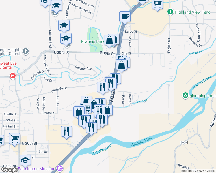 map of restaurants, bars, coffee shops, grocery stores, and more near 3820 East Main Street in Farmington