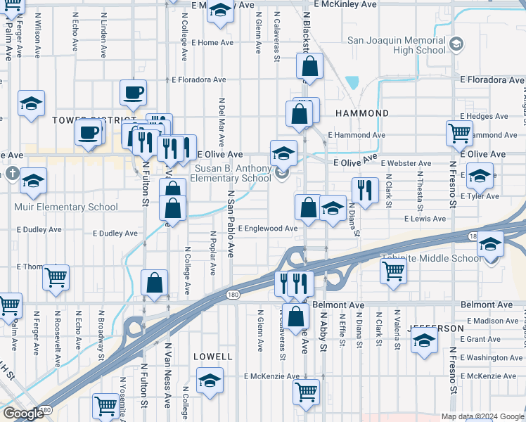 map of restaurants, bars, coffee shops, grocery stores, and more near 915 North Glenn Avenue in Fresno
