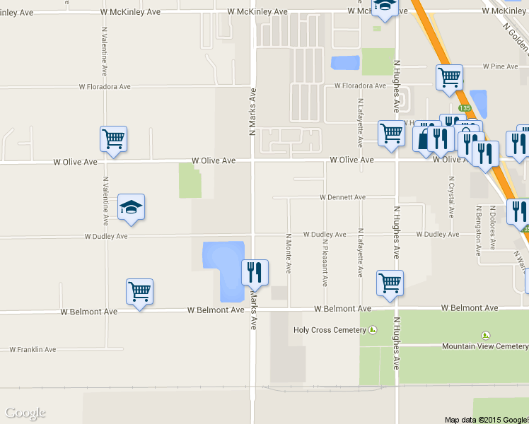 map of restaurants, bars, coffee shops, grocery stores, and more near 1234 North Marks Avenue in Fresno